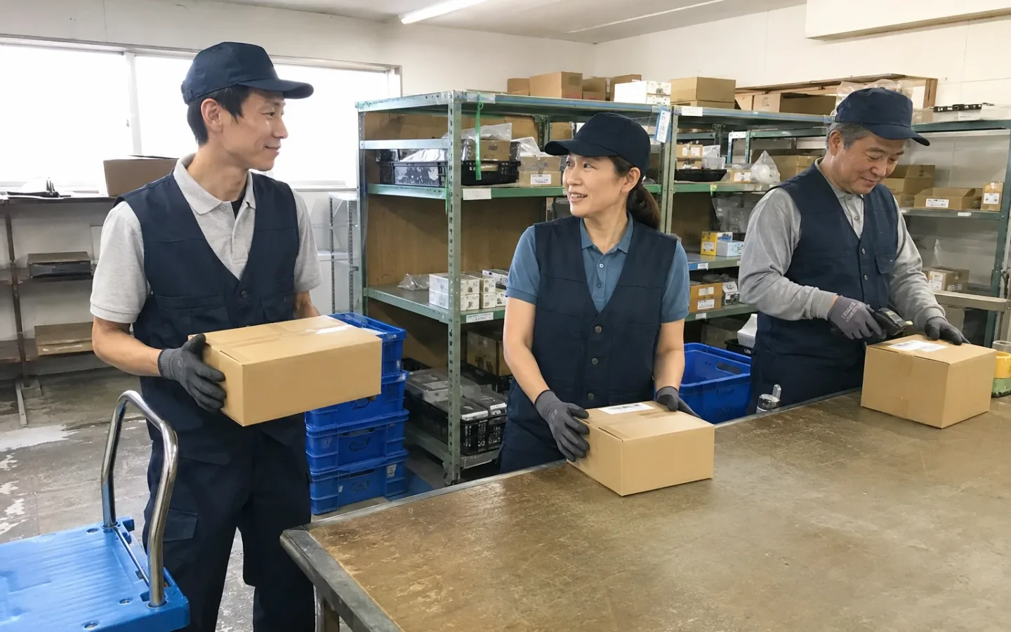 倉庫の作業台で荷物を検品するスタッフ3人