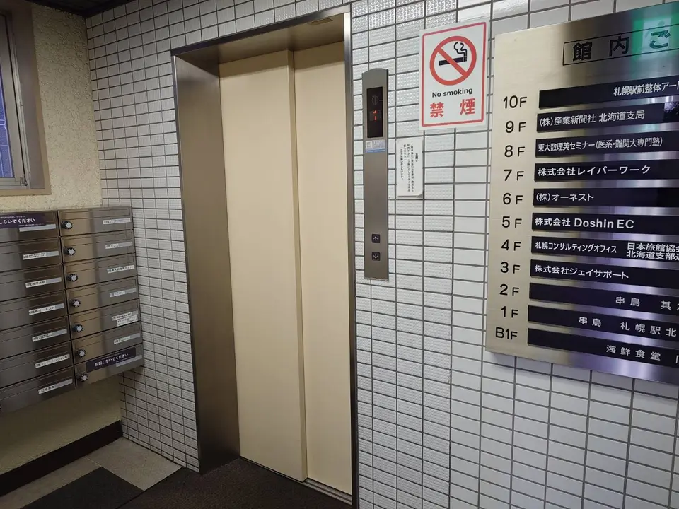 エレベーターホールの館内案内。3階に株式会社ジェイサポートの表示